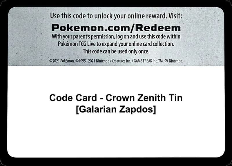 Code Card - Crown Zenith Tin [Galarian Zapdos]