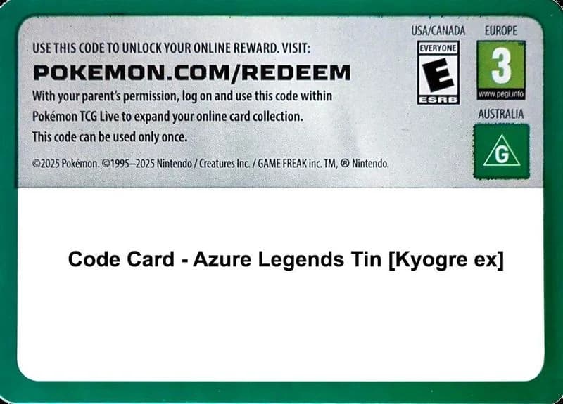 Code Card - Azure Legends Tin [Kyogre ex]