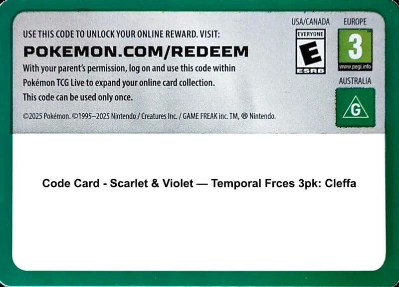 Code Card - Scarlet & Violet Temporal Forces 3 Pack Blister [Cleffa]